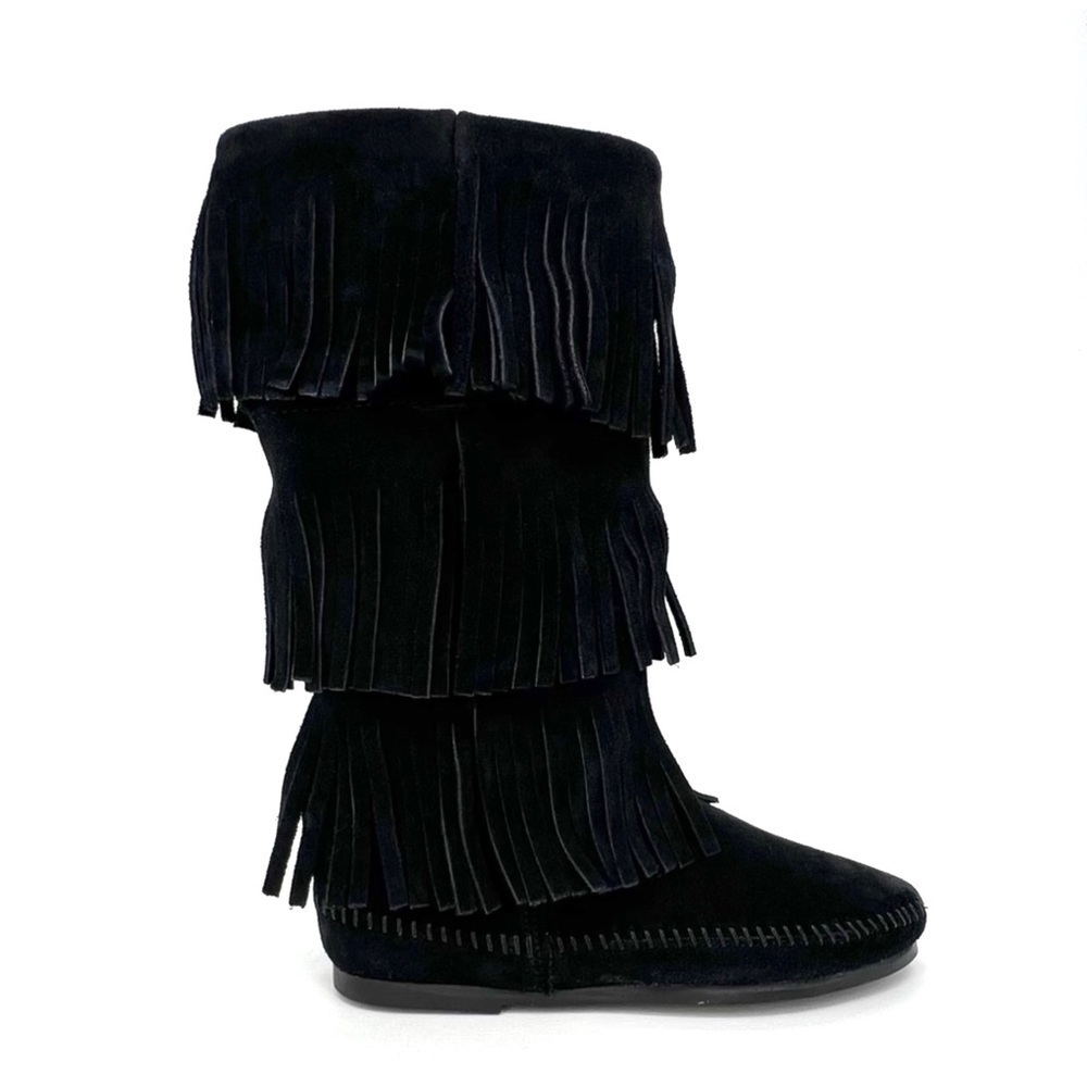 Minnetonka Boots 3-Layer Fringe Moccasins Women’s Size 6 Black Suede New - Picture 2 of 11